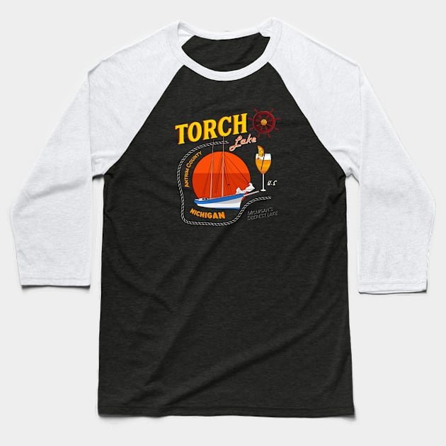 Torch Lake Michigan Vintage Tee Baseball T-Shirt by Nostalgia Avenue